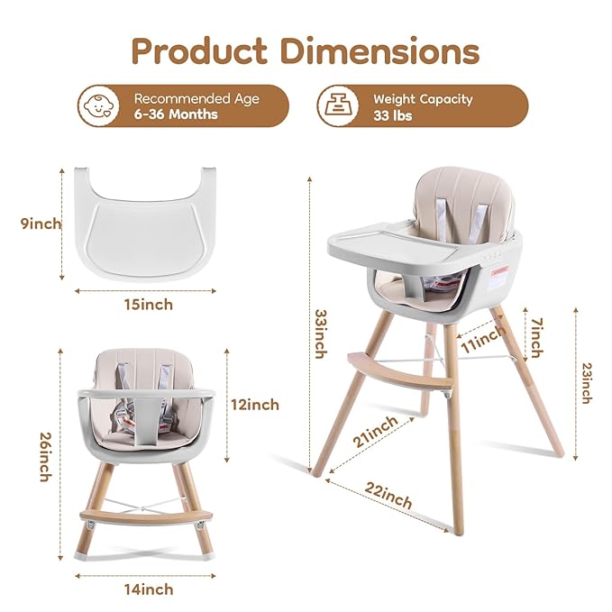 High Chairs for Babies and Toddlers,3 in 1 Convertible Wooden highchair, Baby High Chair with Adjustable Legs,5 Point Harness, Footrest, Dishwasher-Safe Tray & PU Leather Cushion, Beige