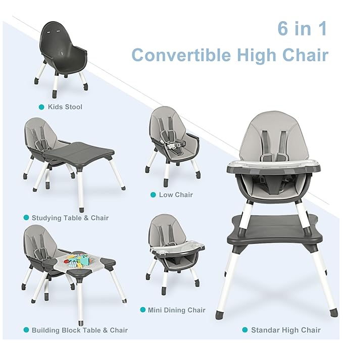 6 in 1 Baby High Chair, Convertible Highchair for Babies and Toddlers, Building Block Table Highchair with 5-Point Safety Harness/Removable Tray, Infant Feeding Table and Chair Set, Grey