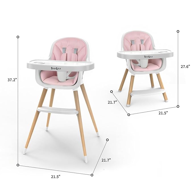Baby High Chair, Wooden Highchair with Removable Tray, Adjustable Legs, Cushion, 5-Point Harness and Footrest for Infants, Baby, Toddlers, Pink