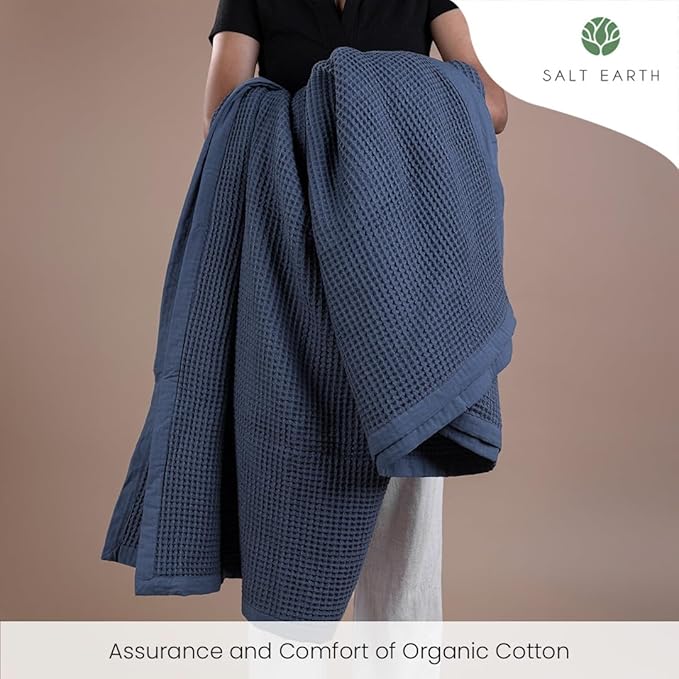 Salt Earth GOTS Certified 100% Organic Cotton Throw Blanket, 108"X90" Waffle Blankets & Throws for Bed, Throw Blanket for Couch, Modern & Cozy Blanket, All Season Waffle Blanket, Soft Blanket (Navy)