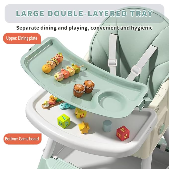 High Chairs for Babies and Toddlers, 4 in 1 Convertible Baby High Chair, Portable High Chair for Travel with Adjustable Height and Back, Foldable HighChair with Wheels& Pu Cushion (Green)