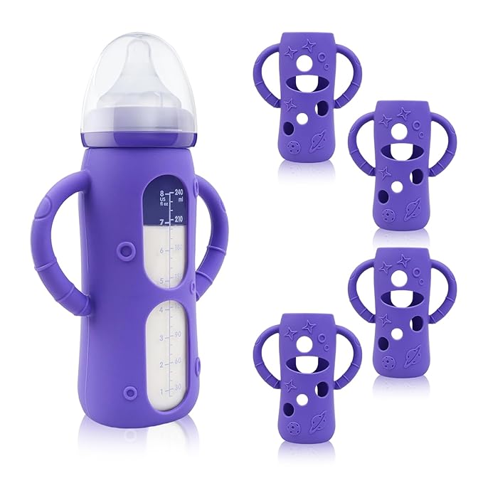 ZCH 4-Pack Silicone Sleeves with Handles for Lansinoh Glass Bottles, BPA-Free Drop-Resistant Baby Bottle Sleeves with Handles, Compatible with Lansinoh Anti-Colic Glass Baby Bottles (8 oz)