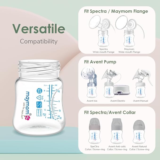 Maymom Wide-Mouth Milk Storage Collection Bottle with SureSeal Sealing Disk; Compatible with Spectra/Motif Luna/Ameda MYA/Bellababy Pumps. Can Replace Spectra S1 S2 Bottles, 6 pc (4.7Oz/140mL, 6pc)