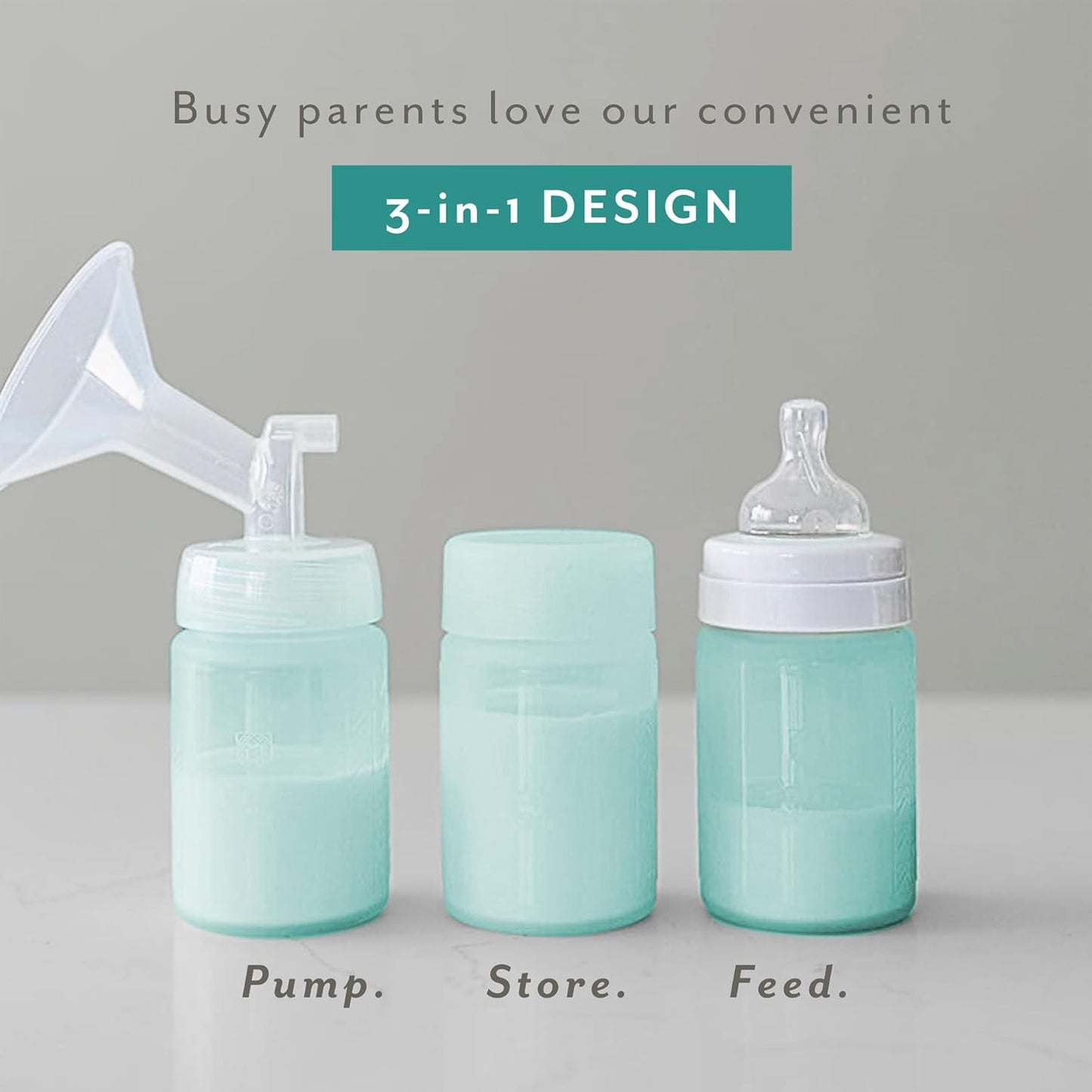 Mila's Keeper Premium Silicone Breast Milk Storage Bottles, for Pumping, Storing and Feeding, Fits Leading Pumps and Nipples, 6 oz Silicone Milk Storage Containers, Wide Neck Ocean Mist, Set of 3