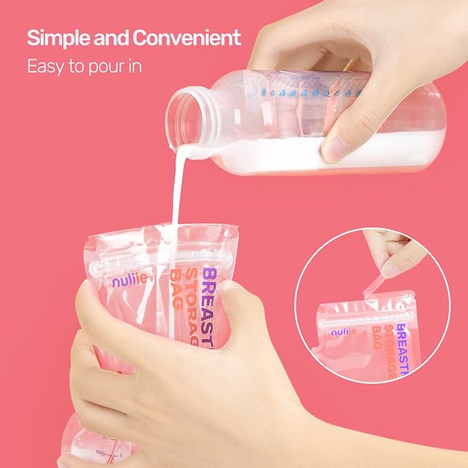 Nuliie 300 Pcs Breastmilk Storage Bags, 8 OZ Breast Milk Storing Bags, BPA-Free, Milk Storage Bags with Pour Spout for Breastfeeding, Self-Standing Bag, Space Saving Flat Profile