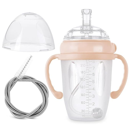 haakaa Weighted Straw Sippy Cup for 6+ Month Old, Silicone Weighted Straw Cup Milk Sippy Cup Baby Water Bottle with Straw Brush (Peach, 8oz./250ml)