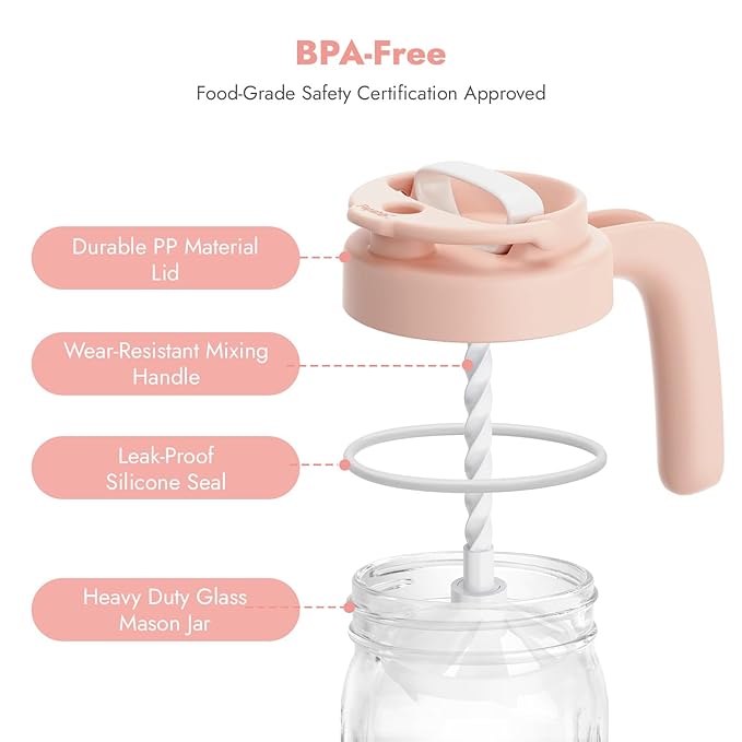 Papablic Glass Breastmilk Pitcher, Formula Mixing Pitcher with Mixing Handle Lid, Wide Mouth Mason Jar Mixer with Flip Locking Spout, Easy to Clean, BPA Free, Pink