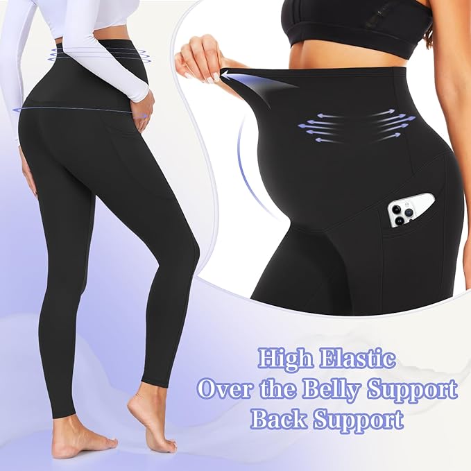 GROTEEN 3 Pack Women's Maternity Leggings with Pockets Over The Belly Workout Yoga Pregnancy Pants