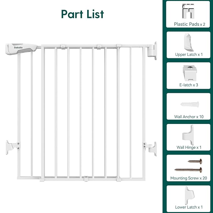 Babelio Baby Gate for Stairs, Kitchen & Doorways, 26-43" W 28" H No Bottom Bar| Easy Installation| One-Handed Operation| Auto-Close| Hardware Mount (Drill Needed) Safety Dog/Pet Gate Indoor (White)