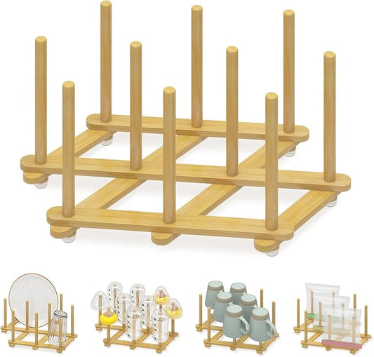 EsLuker.ly Baby Bottle Drying Rack Bamboo Vertical Dryer Holder, Foldable Space Saving for 10 Milk Glass Bottle Countertop, Wooden Drain Stand Shelf for New Parents