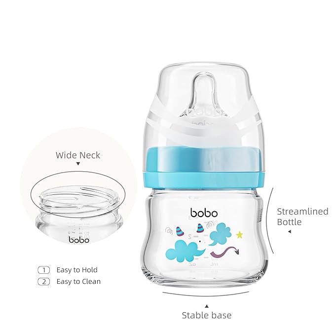 YOHKOH Glass Baby Bottles with Slow Flow Nipple, Newborn Anti-Colic Baby Bottles for 0+ Months, Wide Neck Feeding Bottle, Clear (Blue, 2.7oz (Pack of 4))