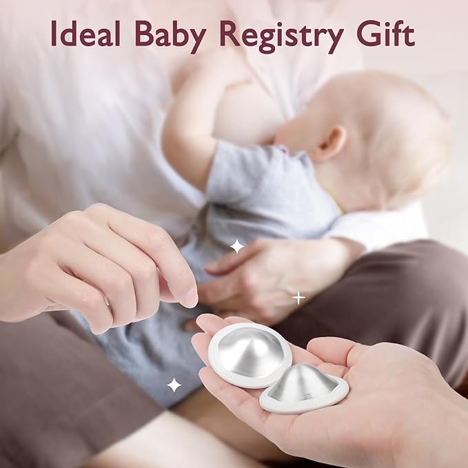 Boboduck The Original Silver Nursing Cups - 999 Silver Nipple Covers Breastfeeding - Protect and Soothe Sore Nipples - Breastfeeding Essentials Silver Nipple Guards with Soft Silicone Ring (Regular)
