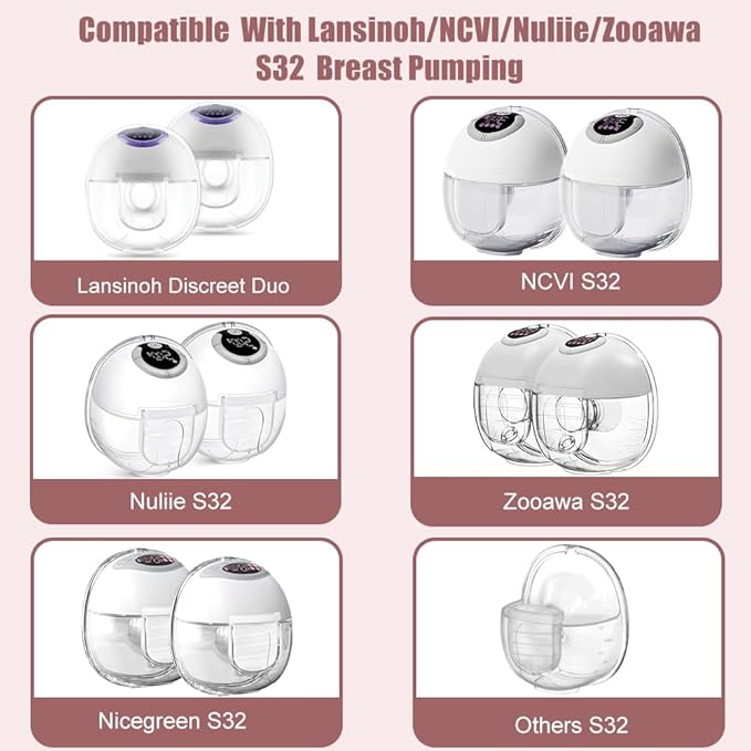 Two Full Sets Breast Pump Parts with 24mm Flange Compatible with Lansinoh Discreet Duo/NCVI/Nuliie/NICEGREEN Life/Zooawa S32 Breast Pump Replacement Parts,S32 Pump Parts,Extra Duckbill Valve&Diaphragm