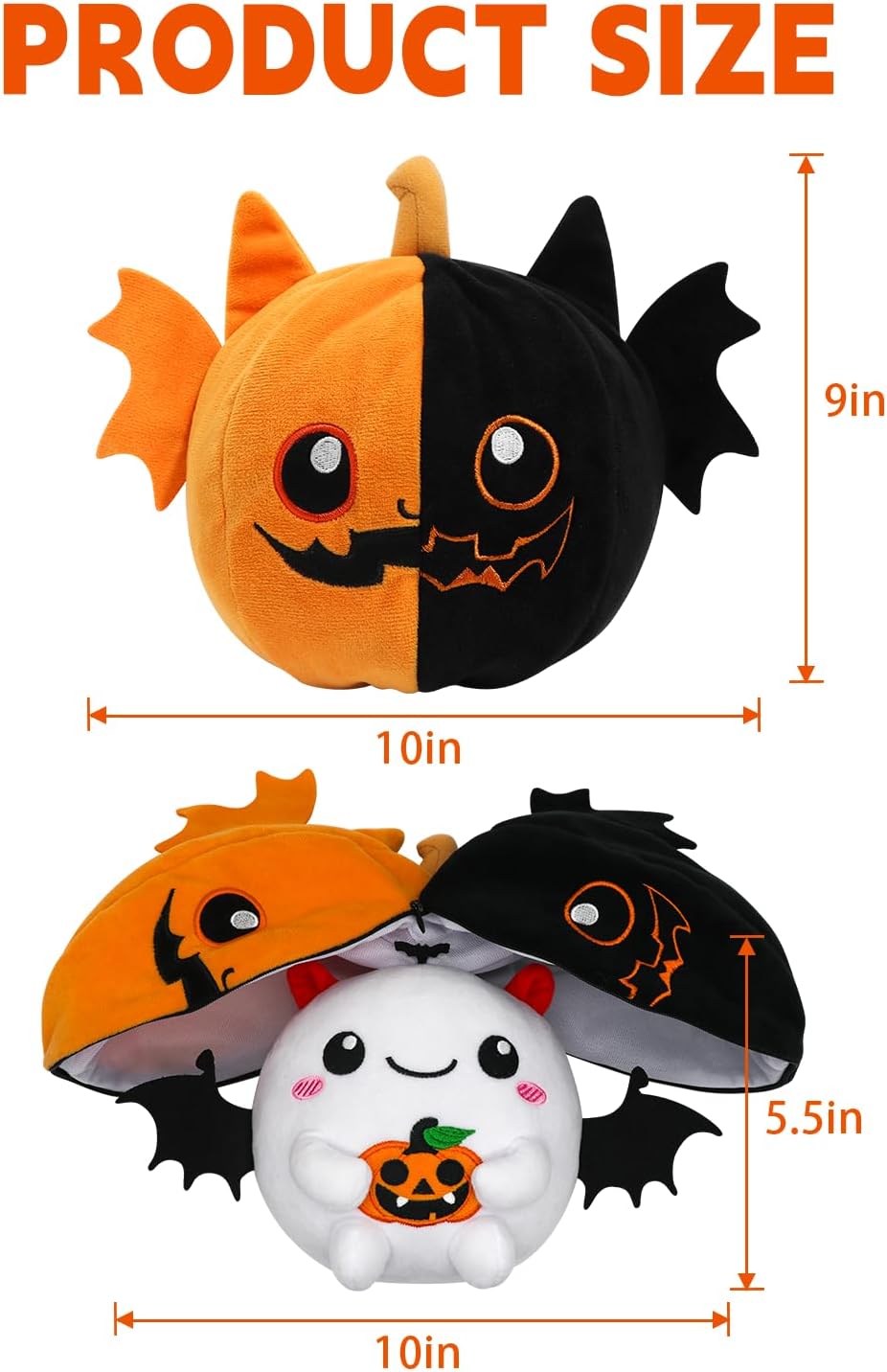 Halloween Stuffed Animal Reversible Bat Ghost Plush, Transformed Pumpkin Plush Zipper, Bat Ghost Stuffed Animal Cute Plushie Birthday Gift for Boys Girls Kids