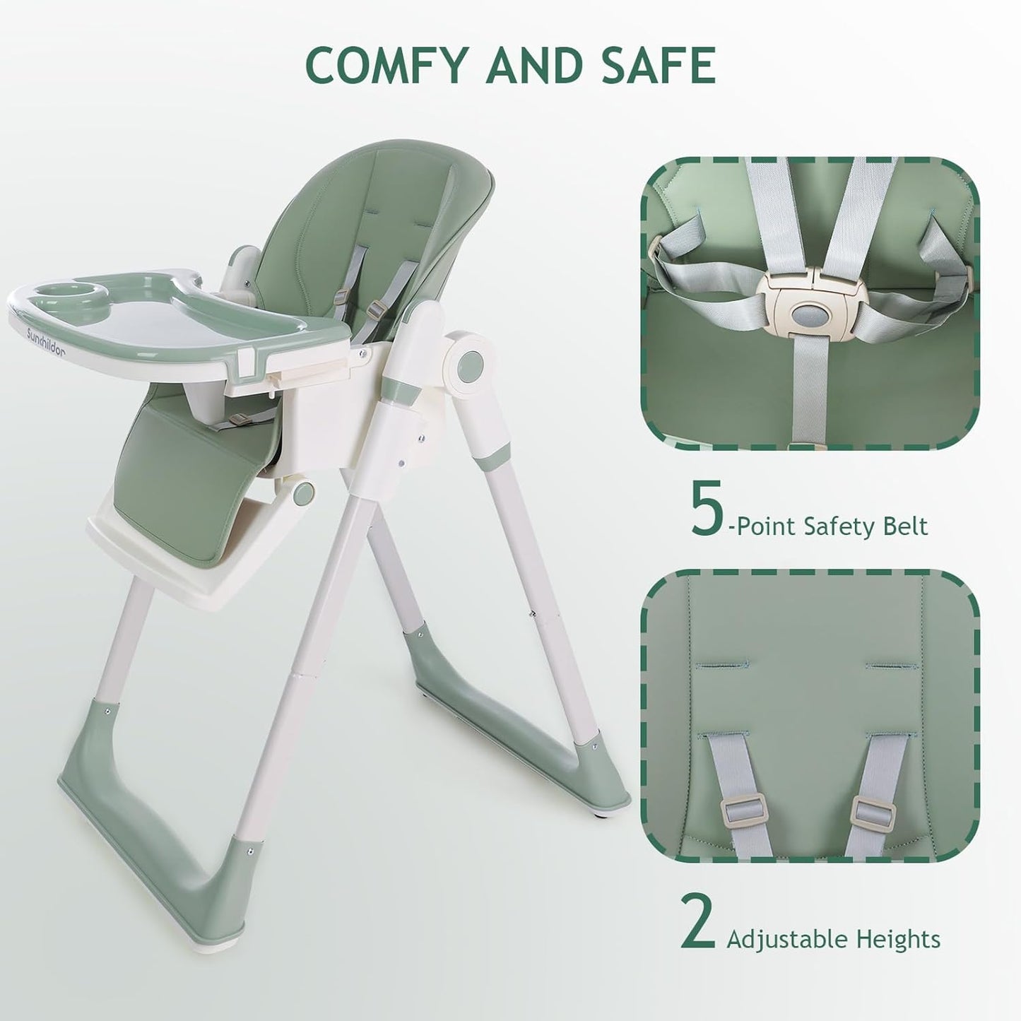 3 in 1 Baby High Chair with Wheels, Adjustable 5 Point Harness, Tray, Foot Rest, Backrest and Seat Height, Foldable High Chair for Toddlers, Green