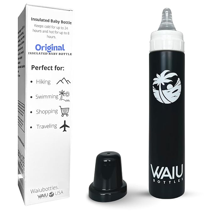 Versatile Waiu Insulated Baby Bottle | 4 oz & 6 oz Sizes | Keeps Drinks Hot for 8 Hours, Cold for 24 Hours | BPA-Free | Multiple Colors Available (Black, 6 oz.)