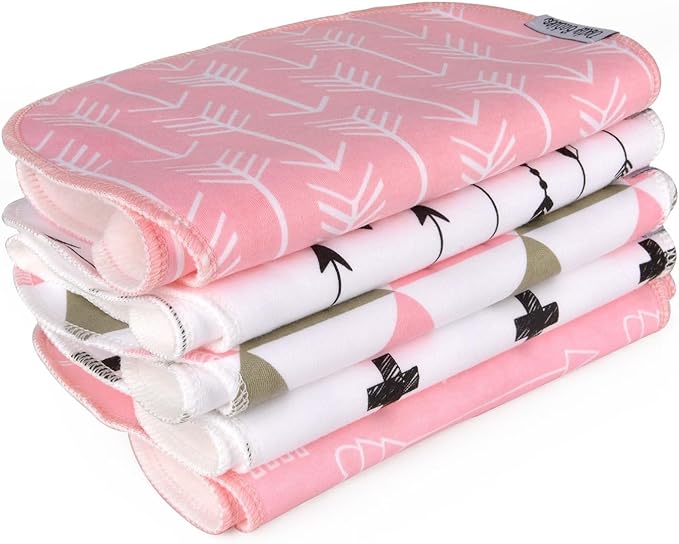 Dodo Babies Burp Cloths for Babies 5-Pack - 19 x 9 in - Pink & White - 5 Contoured Cloths, 2 Pacifier Clips & Case - Soft Cotton & Fleece Absorbent Design - Girls & Boys