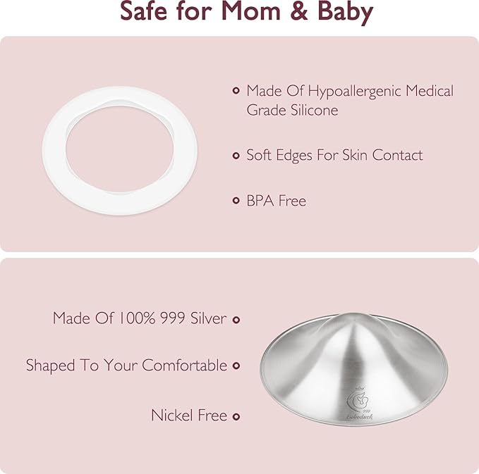 Boboduck The Original Silver Nursing Cups - 999 Silver Nipple Covers Breastfeeding - Protect and Soothe Sore Nipples - Breastfeeding Essentials Silver Nipple Guards with Soft Silicone Ring (Regular)