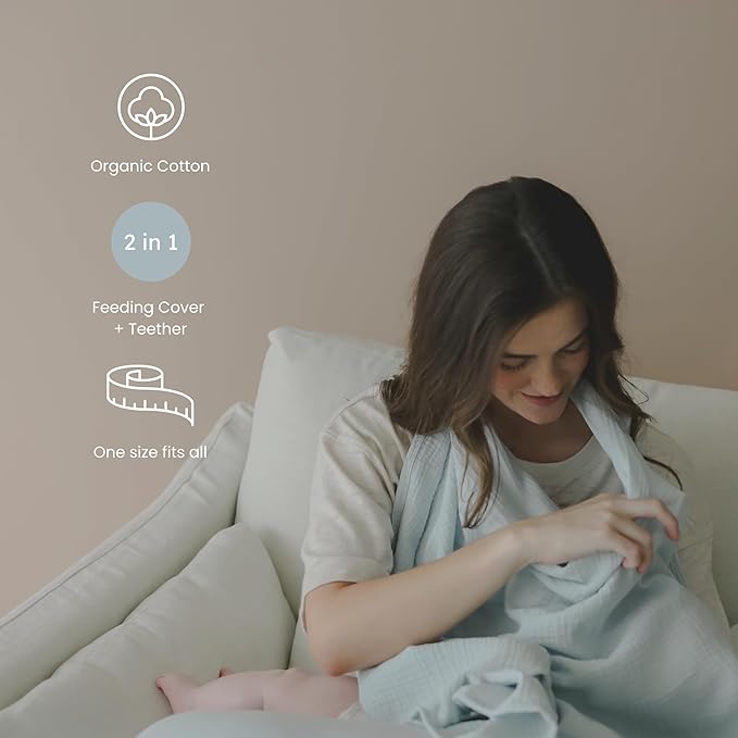 snuggle me® Nursing Cover - 100% Organic Cotton Muslin Nursing Cover Up for Breastfeeding with a BPA-Free Silicone Teether Ring, Ultra-Soft & Lightweight (33.5″ × 39.4″)