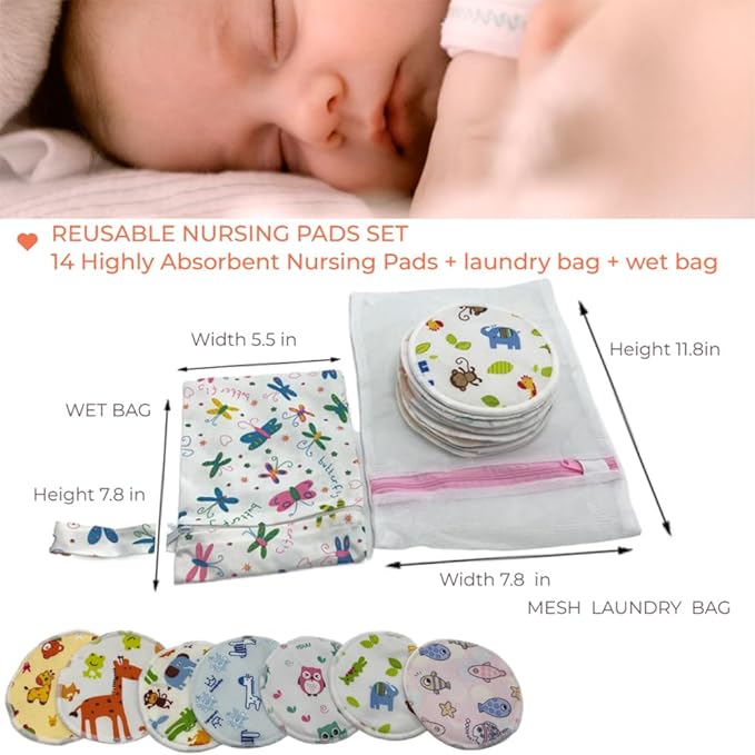 Reusable Nursing Pads 14 Pack,Washable Breast Pads Breastfeeding Essentials,Newborn Necessities for Baby Boys and Girls,Postpartum Essentials for Mom,Super Soft & Absorbent