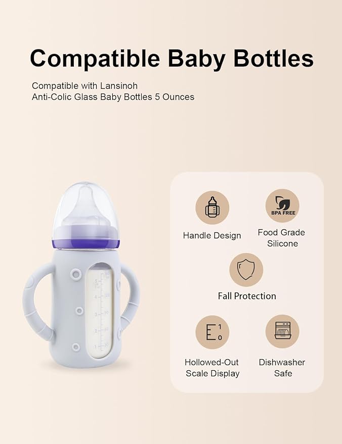ZCH 4-Pack Silicone Sleeves for Lansinoh Glass Bottles, BPA-Free Drop-Resistant Baby Bottle Sleeves with Handles, Compatible with Lansinoh Anti-Colic Glass Baby Bottles (5 oz)