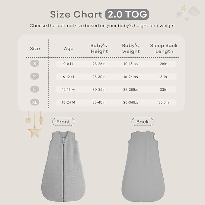 Yoofoss Baby Sleep Sack 0-6 Months, 2.0 TOG Baby Wearable Blanket with 2-Way Zipper, 100% Cotton Fabric Winter Newborn Sleeping sack, Warm Soft Comfy Grey(Small)