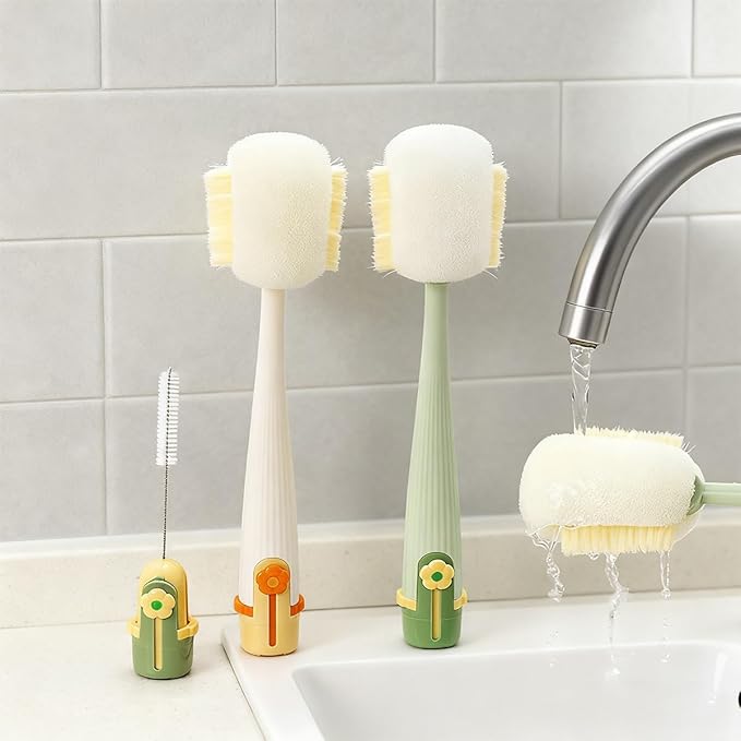 5 in 1 Bottle Cleaning Brush Set, Multifunctional Bottle Cleaning Brush Set, Water Bottle Cleaner Brush, Straw Cleaner Brush for Baby Bottles, 3 Replacement Sponge Brush Heads (Green)