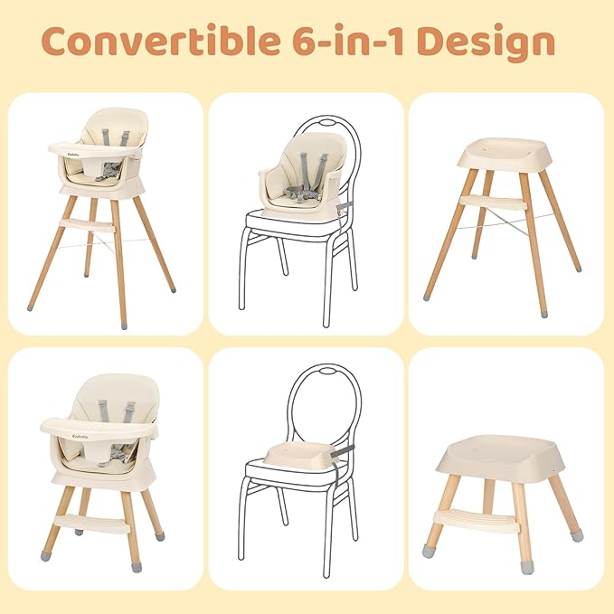 Ezebaby Portable Baby High Chair, High Chairs for Babies and Toddlers with Adjustable Legs, 6-in-1 Convertible to Booster Seat for Dining Table, Toddlers High Chair with Removable Cushions - Cream