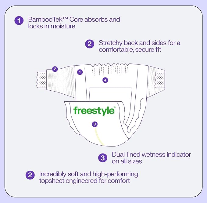 Freestyle BambooTek Diapers – (Size 4) Hyper Absorbent & Non-Toxic – Disposable Diapers for Sensitive Skin – Ultra Soft Diaper's (22-37 lbs) – 48 Count