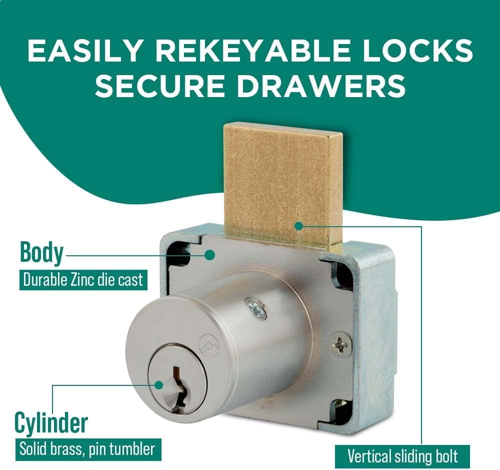 200DW Deadbolt Lock | 7/8" Chrome Key Lock US26D | NATL KA101 Easily Rekeyable Drawer Lock, Keyed Alike | Grade 1 Drawer Locks | Vertical Deadbolt Lock | Door Lock for Drawers