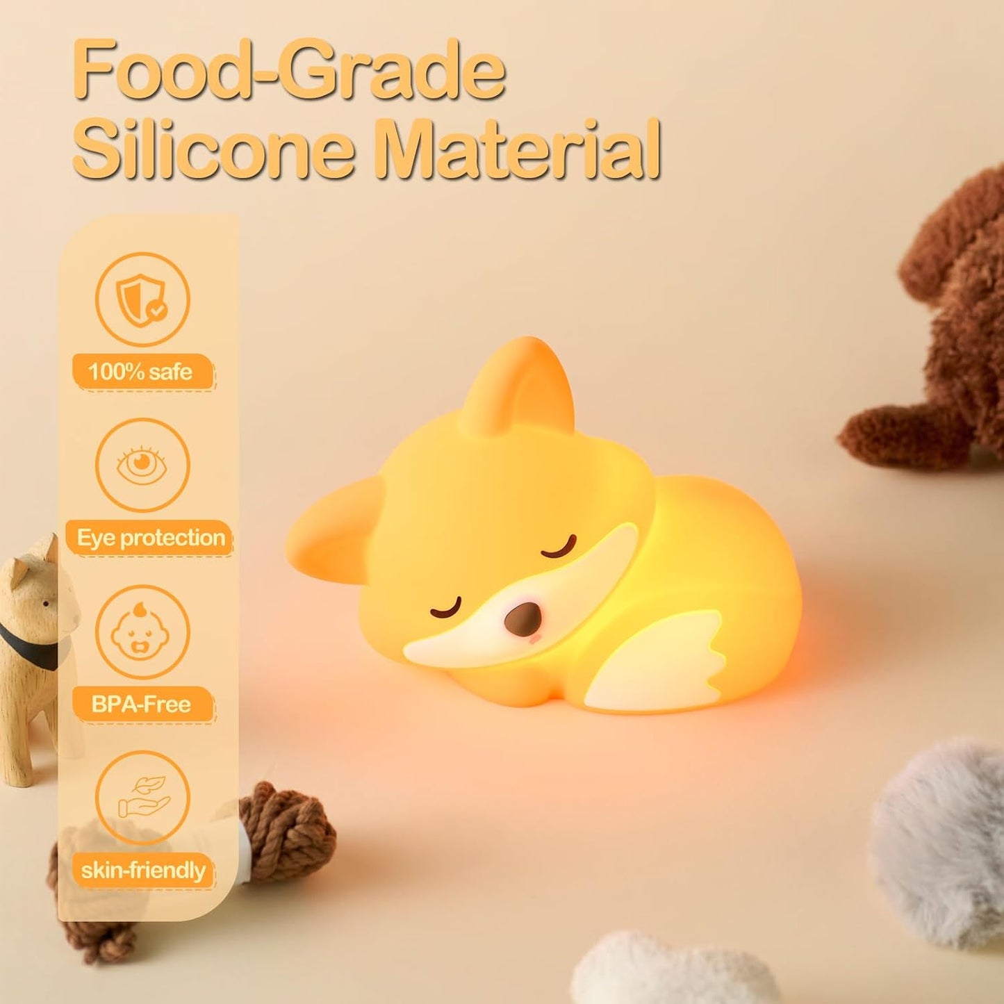 ATSUI Fox Night Light, LED Squishy Novelty Animal Lamp, Food Grade Silicone, 2 Level Dimmable, Nursery Nightlight for Desk Decor, Funny Gifts Stuff for Boys Girls Baby, White Elephant Gifts