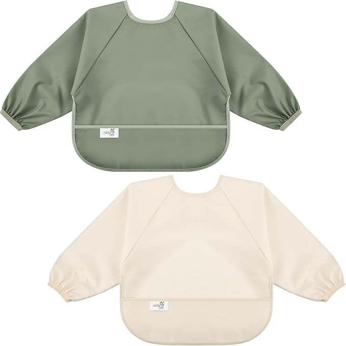 Long Sleeve Baby Bib, Waterproof Fabric, Catch-All Pocket, Baby Smock Bib, Adjustable Sleeves