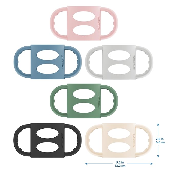 Dr. Brown's Narrow Baby Bottle Handles, 100% Silicone, Easy Grip Removable Handles for Bottle to Sippy Cup Transition, Blue/Gray/Green, 3-Pack, 4m+