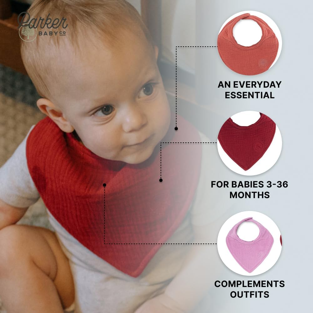 Parker Baby Muslin Bandana Drool Bibs | 100% Soft Muslin Cotton, Absorbent & Adjustable | Stylish Teething & Drooling Bibs