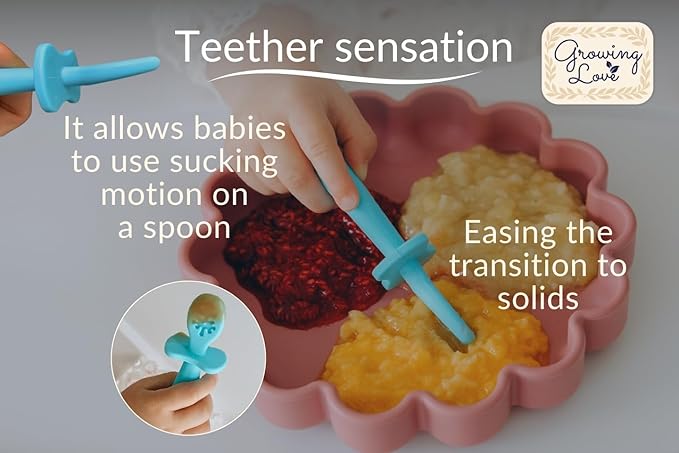 Growing Love Baby Spoons Set, Self Feeding 6 months, Pre-Spoon, Baby utensils, training spoon, cuchara bebe, blw, 100% silicone, Anti choke shield