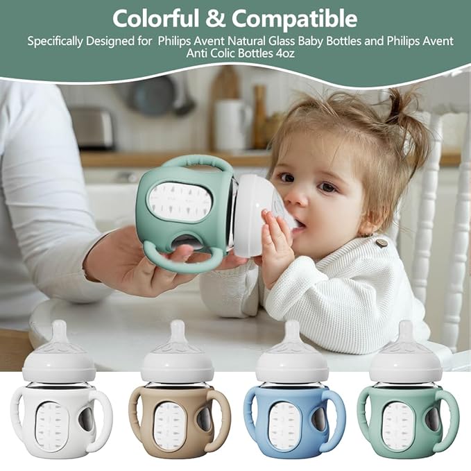 4 Pack Silicone Sleeves for Avent Natural Glass Bottles, Anti Breakage Bottle Protector with Handle, Compatible Philips Avent Glass Natural Bottle 4 oz, Not for Infant Use