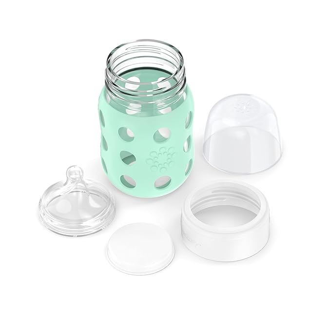 Lifefactory 8-Ounce Wide Neck Glass Baby Bottle with Protective Silicone Sleeve and Stage 2 Nipple, Mint (LG2211WMI4)