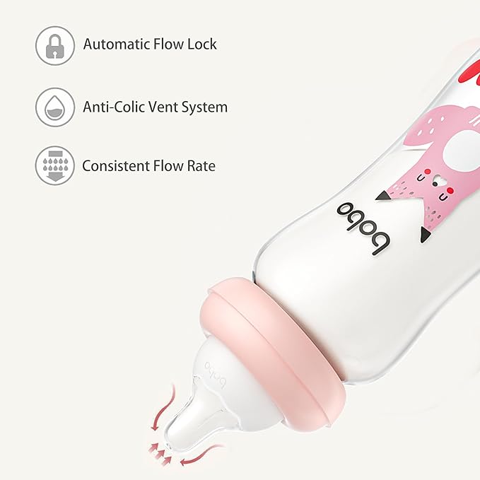 YOHKOH Natural Glass Baby Bottle with Natural Response Nipple, Newborn Anti-Colic Baby Bottles, Wide Neck Mushroom Cap Baby Bottle, Clear (8.8ounce (Pack of 2), Multicolour2)