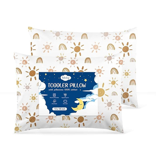 2-Pack Toddler Pillow,13X18 Cotton Toddler Pillows for Sleeping, Machine Washable Kids Pillows with Pillowcase, Perfect for Travel, Toddlers Cot (Sunny Rainbow)