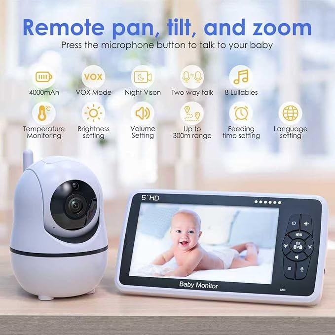 Babystar Baby Monitor with Camera and Audio, 720P HD Resolution 5" Display, Up to 22 Hour Battery, Remote Pan-Tilt-Zoom, No WiFi, VOX, Night Vision, 2-Way Audio, Lullabies, Temperature Sensor