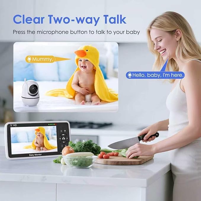 Babystar Baby Monitor with Camera and Audio, 720P HD Resolution 5" Display, Up to 22 Hour Battery, Remote Pan-Tilt-Zoom, No WiFi, VOX, Night Vision, 2-Way Audio, Lullabies, Temperature Sensor