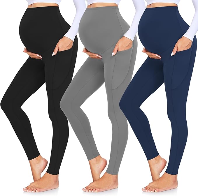 GROTEEN 3 Pack Women's Maternity Leggings with Pockets Over The Belly Workout Yoga Pregnancy Pants