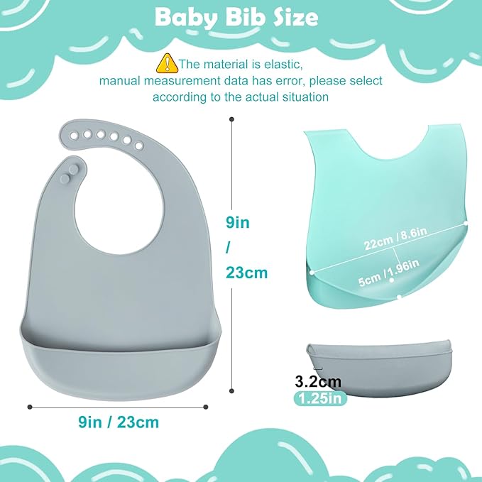 Silicone 8-Pack Bibs for Babies Toddlers Girls| Adjustable Waterproof BPA Free Soft Durable Bibs for eating with Large Pocket Food Catcher,Dishwasher Safe