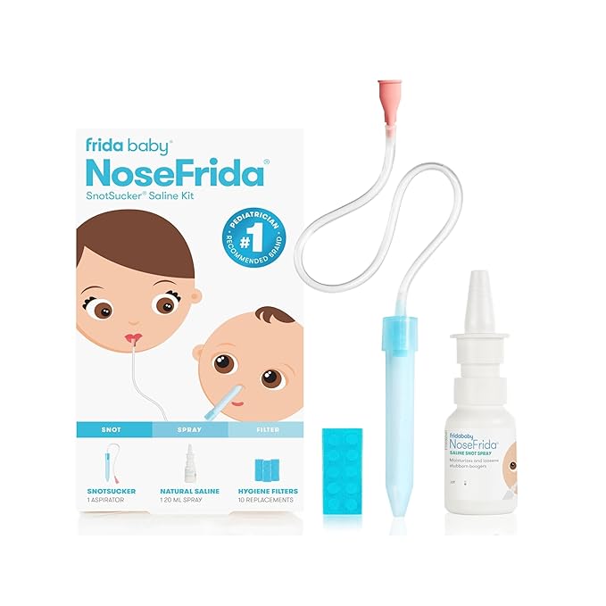 Frida Baby Saline Kit, Cold & Flu 12 pc Set Includes NoseFrida Nasal Aspirator for Baby, Nose Sucker, Saline Nasal Spray with 10 Extra Hygiene Filters, Nasal Spray Decongestant, 0.68 fl oz