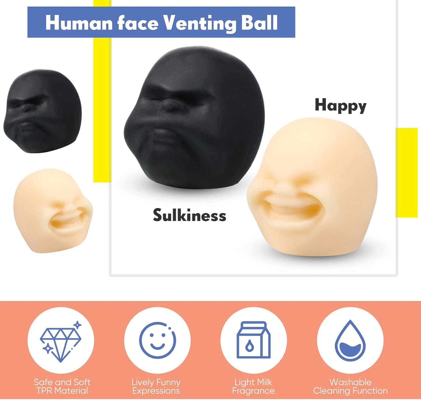 2 Pcs Funny Human Face Emotion Balls Fidget Sensory Toy Stress Relief Squeeze Ball Black Sulkiness and White Happy Decompression Anxiety Relief Toy for Adult Teen Christmas Stocking Filling Favor