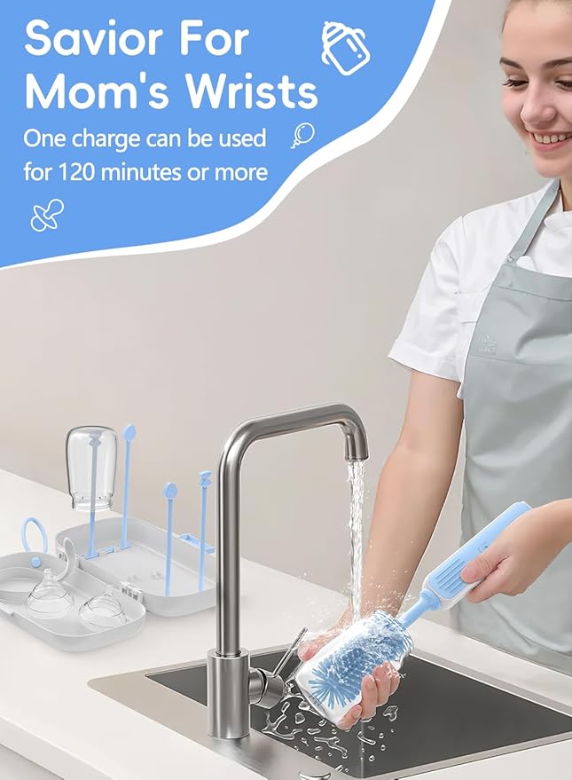 Electric Baby Bottle Brush Cleaner, Baby Travel Bottle Cleaner Kit- 2000mAh Rechargeable Silicone Brush, Drying Rack, Compact Storage Box, 360° Efficient Cleaning Bottle Brush for Home & On-The-Go
