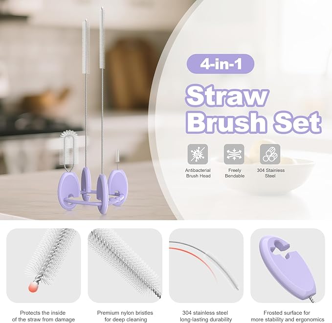 YOTIME Standing Straw Cleaner Brush Set, 4in1 Reusable Straw Brushes with Holder Ring, for Wide and Narrow Straws, Tumblers, Water Bottles and Cups, Purple