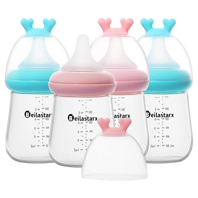 Glass Baby Bottles with Natural Response Nipple Size S - Anti Colic Baby Bottles Wide Neck Slow Flow Baby Bottle (Multicolor, 6oz (Pack of 4))