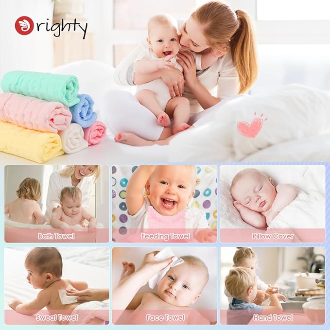 Orighty Muslin Baby Washcloths Pack of 6 - Soft Face Cloths for Newborn, Absorbent Baby Bath and Face Towels, 100% Cotton Babies Wipes, Burp Cloths, Feeding Towels for Babies and Infants - 10 x 10’’