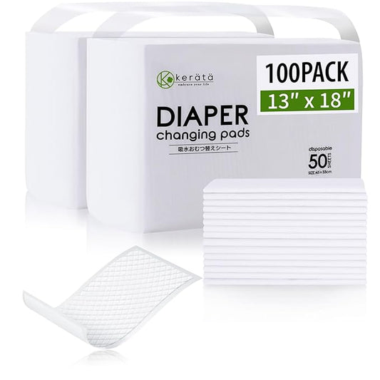 Disposable Changing Pads for Baby, 100 Pack 13 x 18 in Disposable Changing Pad Liners, Waterproof Disposable Underpads, Ultra Absorbent Super Soft Breathable Diaper Changing Mat